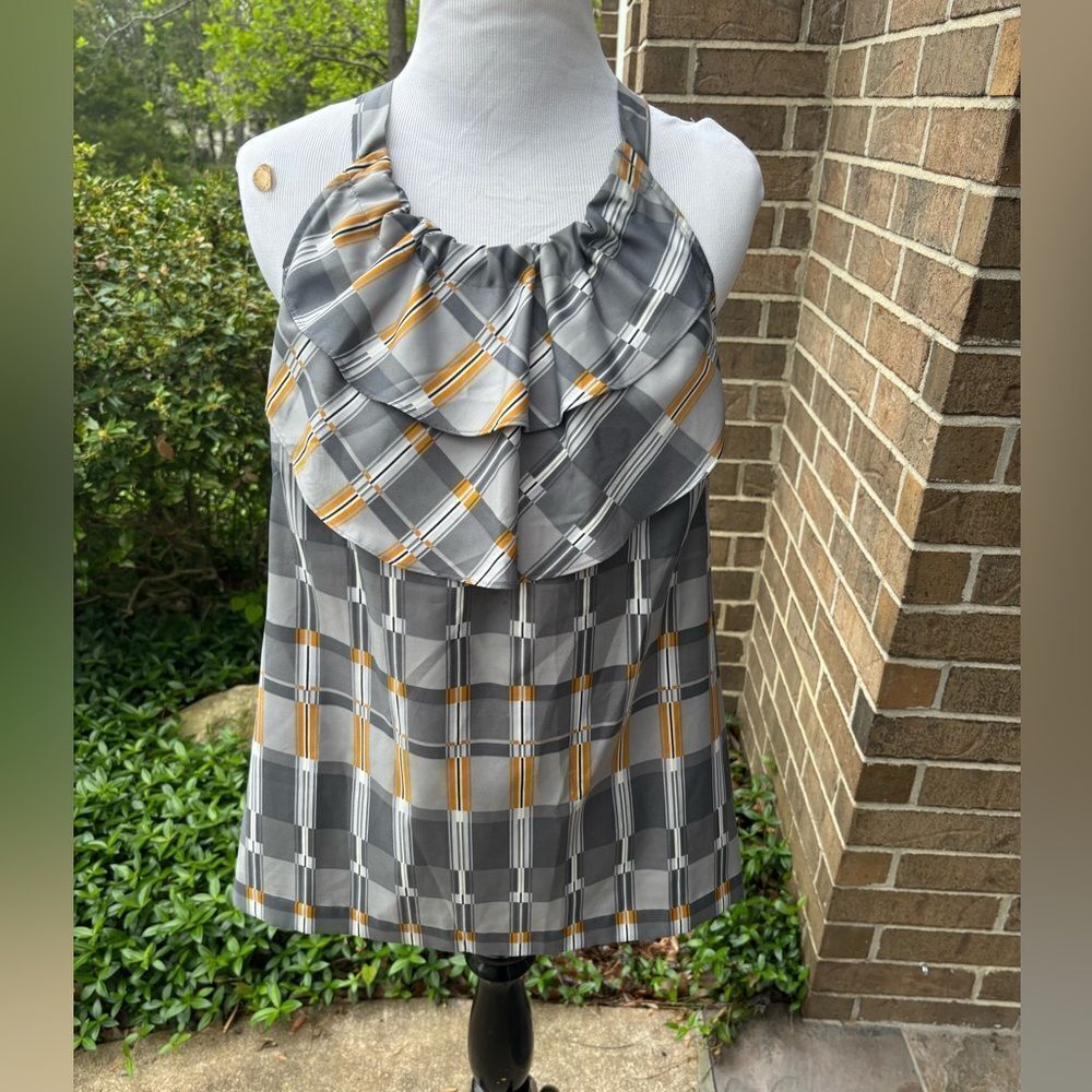 Banana Republic Gray Plaid Halter Top with Yellow Accents